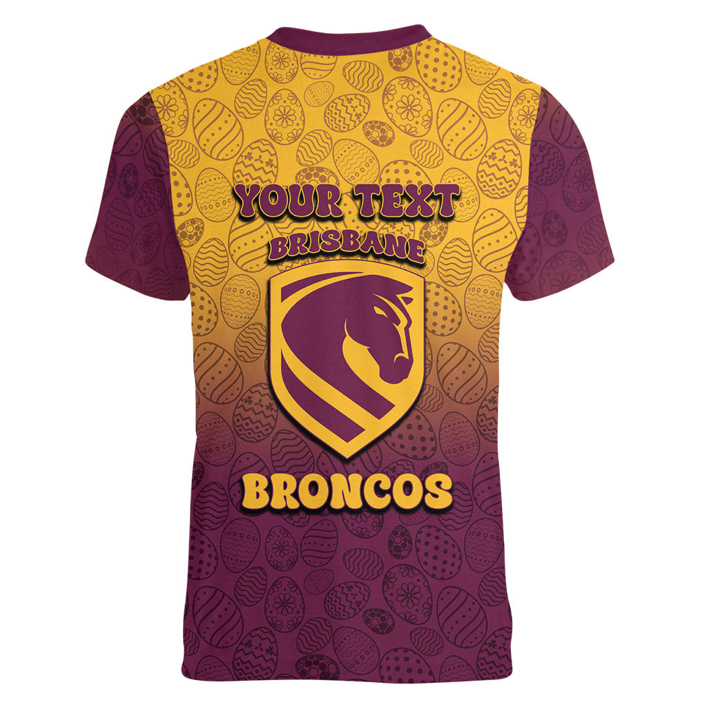 Personalized Brisbane Broncos Women V-Neck T-Shirt Easter Mascot - Colorful Eggs Cartoon Style