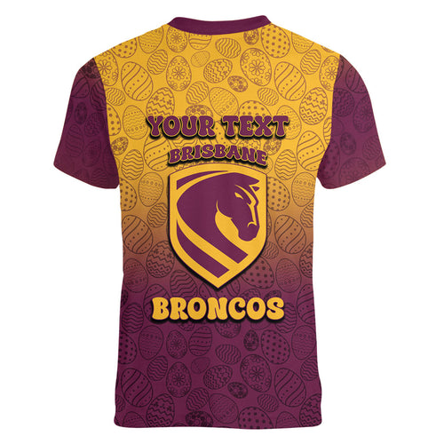 Personalized Brisbane Broncos Women V-Neck T-Shirt Easter Mascot - Colorful Eggs Cartoon Style