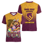 Personalized Brisbane Broncos Women V-Neck T-Shirt Easter Mascot - Colorful Eggs Cartoon Style