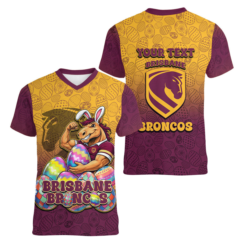 Personalized Brisbane Broncos Women V-Neck T-Shirt Easter Mascot - Colorful Eggs Cartoon Style