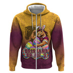 Personalized Brisbane Broncos Zip Hoodie Easter Mascot - Colorful Eggs Cartoon Style
