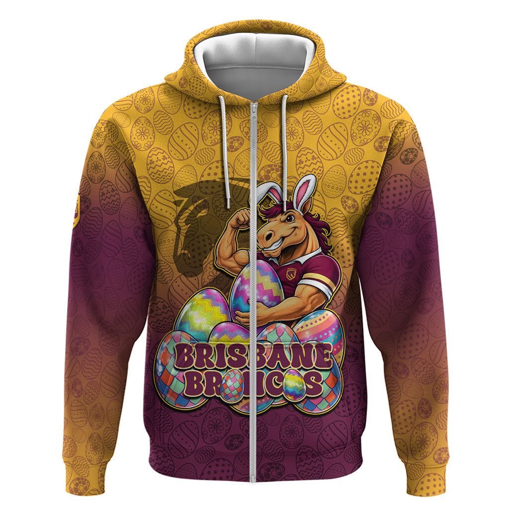 Personalized Brisbane Broncos Zip Hoodie Easter Mascot - Colorful Eggs Cartoon Style