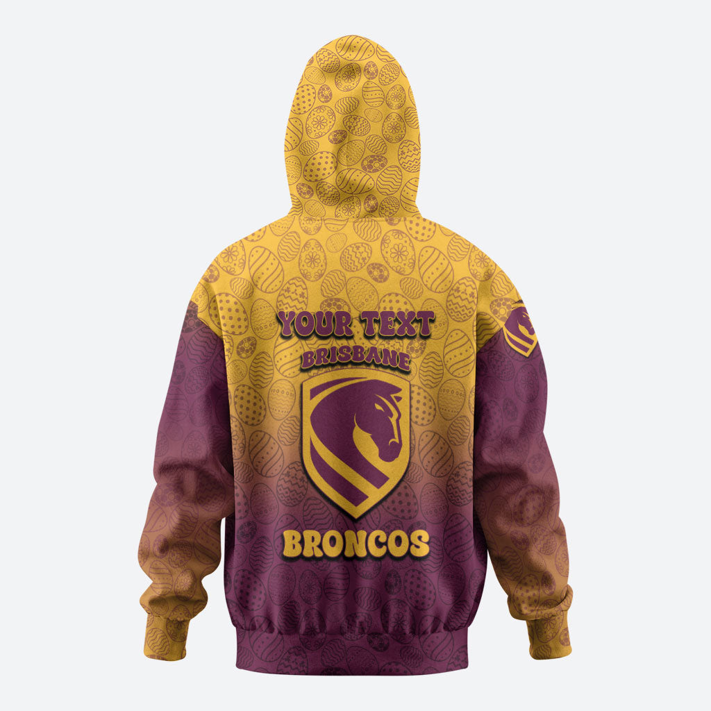 Personalized Brisbane Broncos Zip Hoodie Easter Mascot - Colorful Eggs Cartoon Style