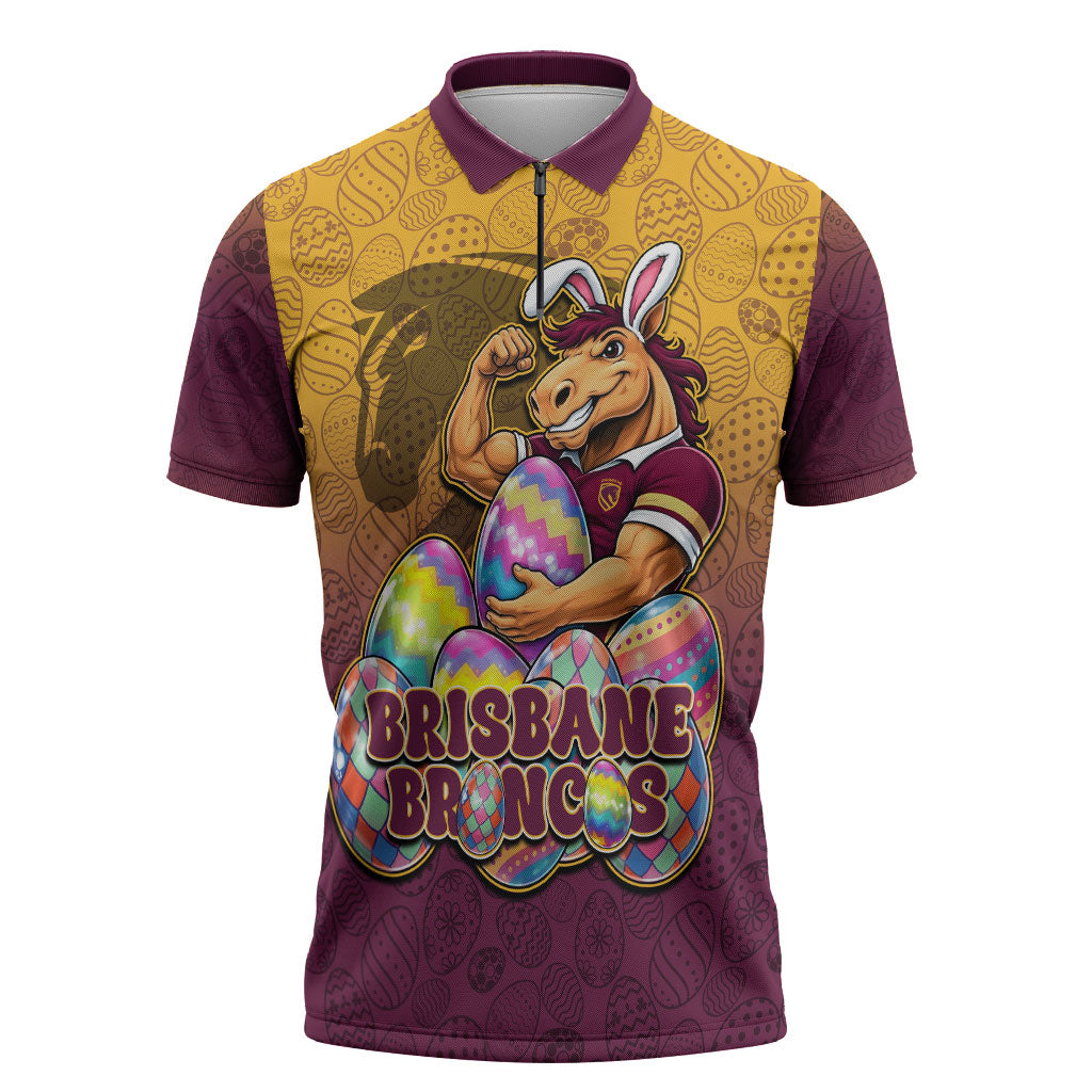 Personalized Brisbane Broncos Zipper Polo Shirt Easter Mascot - Colorful Eggs Cartoon Style