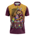 Personalized Brisbane Broncos Zipper Polo Shirt Easter Mascot - Colorful Eggs Cartoon Style