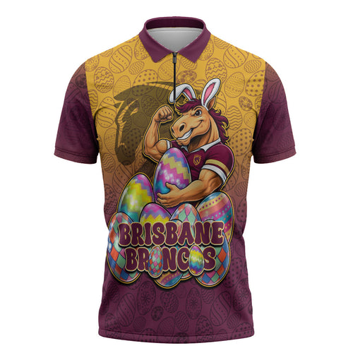 Personalized Brisbane Broncos Zipper Polo Shirt Easter Mascot - Colorful Eggs Cartoon Style