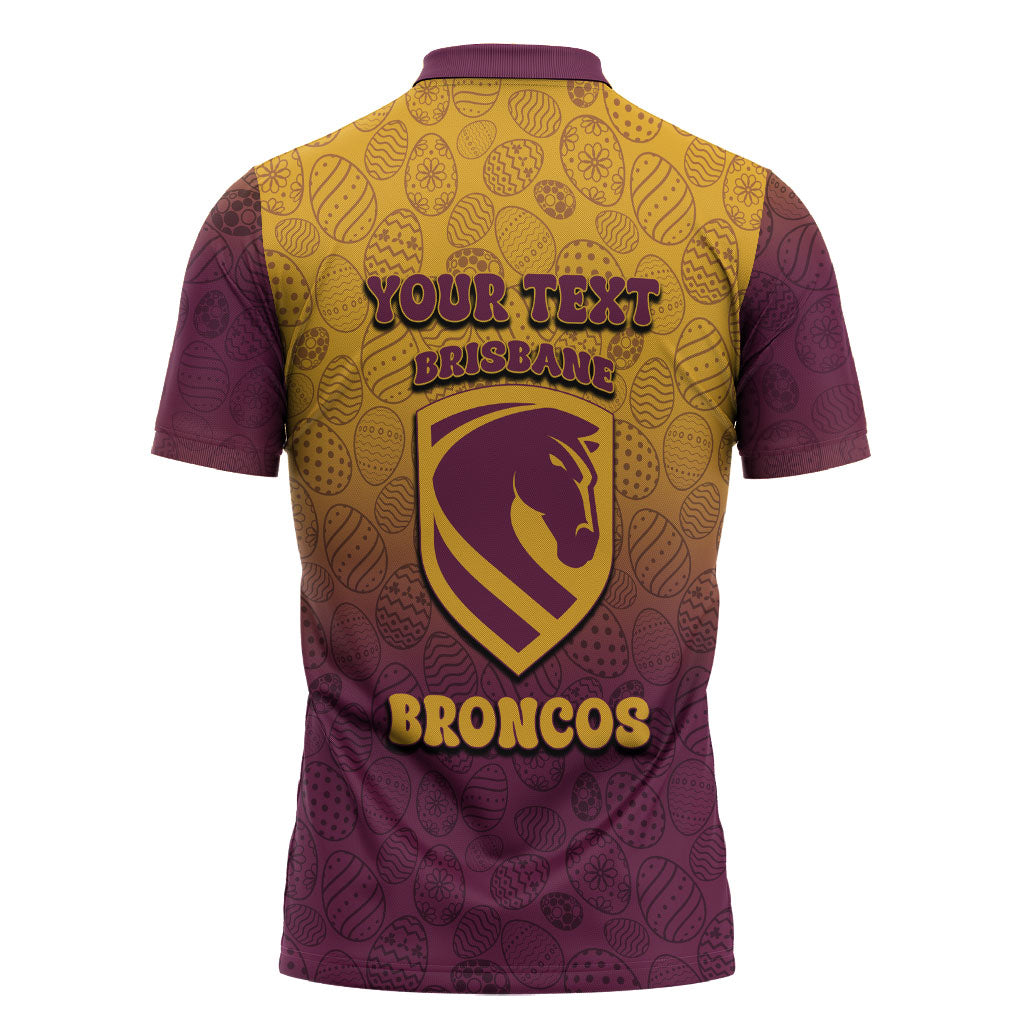 Personalized Brisbane Broncos Zipper Polo Shirt Easter Mascot - Colorful Eggs Cartoon Style