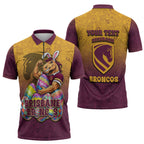 Personalized Brisbane Broncos Zipper Polo Shirt Easter Mascot - Colorful Eggs Cartoon Style