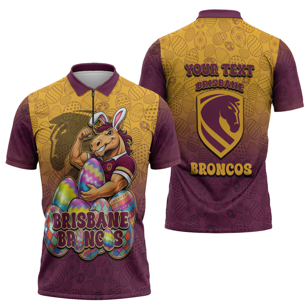 Personalized Brisbane Broncos Zipper Polo Shirt Easter Mascot - Colorful Eggs Cartoon Style