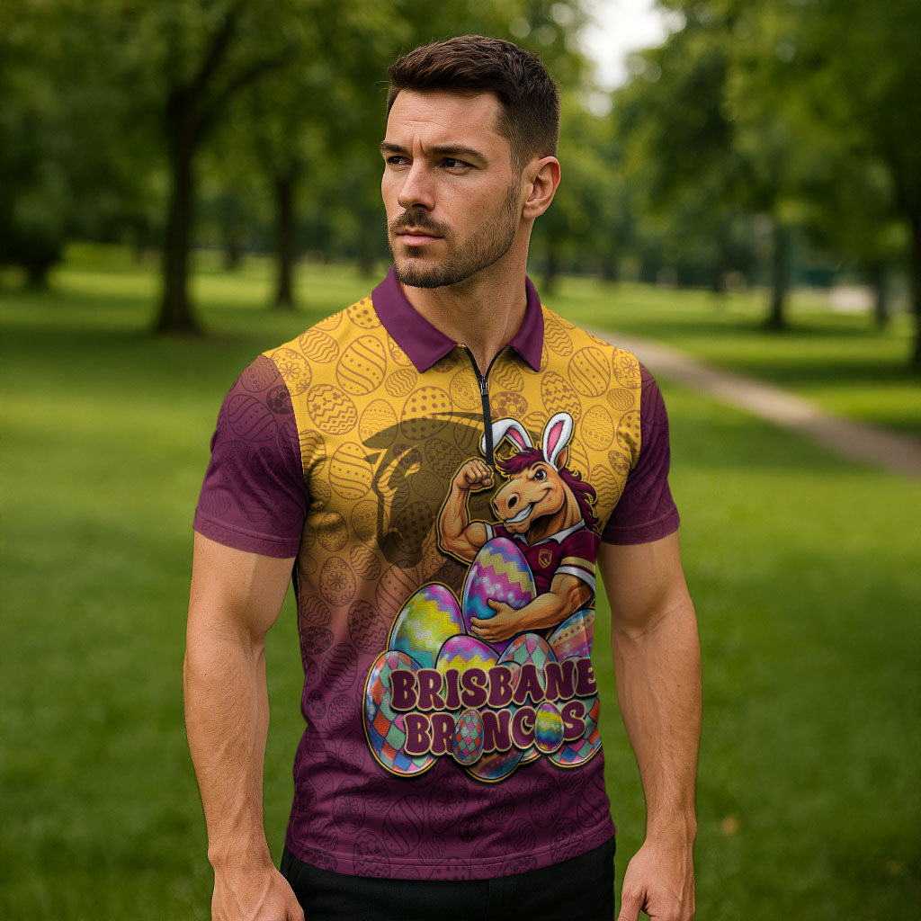 Personalized Brisbane Broncos Zipper Polo Shirt Easter Mascot - Colorful Eggs Cartoon Style