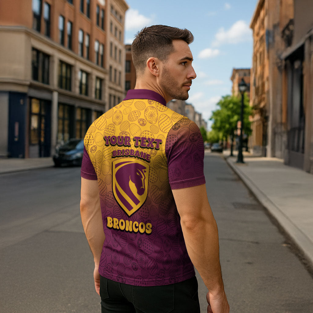 Personalized Brisbane Broncos Zipper Polo Shirt Easter Mascot - Colorful Eggs Cartoon Style