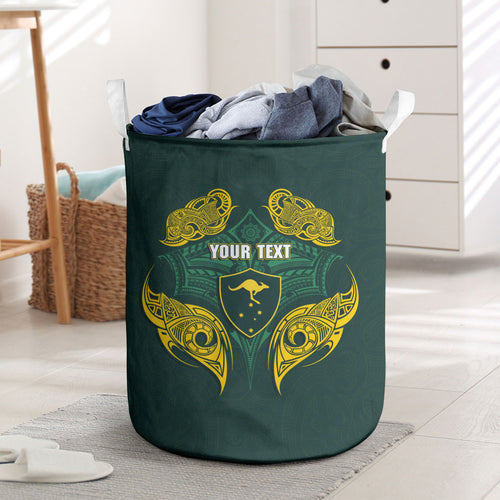 Custom Kangaroos Rugby Laundry Basket Polynesian Tribal Pattern Green Gold National Team
