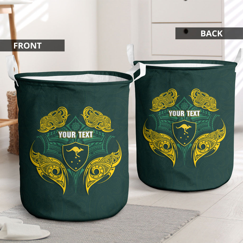 Custom Kangaroos Rugby Laundry Basket Polynesian Tribal Pattern Green Gold National Team