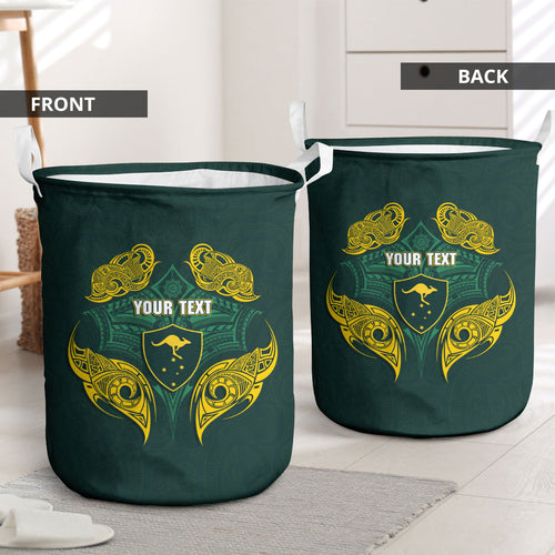 Custom Kangaroos Rugby Laundry Basket Polynesian Tribal Pattern Green Gold National Team