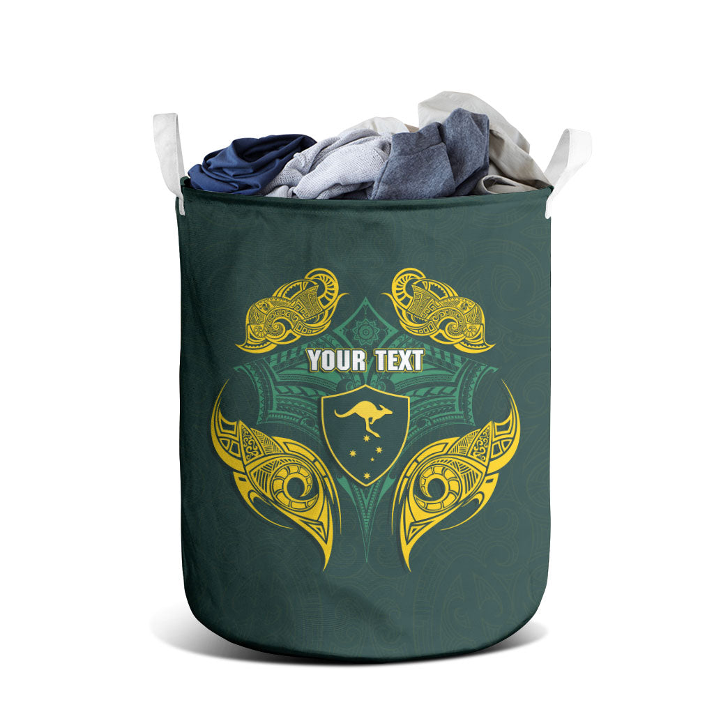 Custom Kangaroos Rugby Laundry Basket Polynesian Tribal Pattern Green Gold National Team