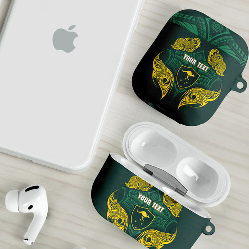 Custom Kangaroos Rugby AirPods Case Polynesian Tribal Pattern Green Gold National Team