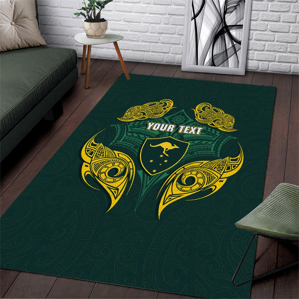 Custom Kangaroos Rugby Area Rug Polynesian Tribal Pattern Green Gold National Team