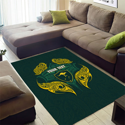 Custom Kangaroos Rugby Area Rug Polynesian Tribal Pattern Green Gold National Team