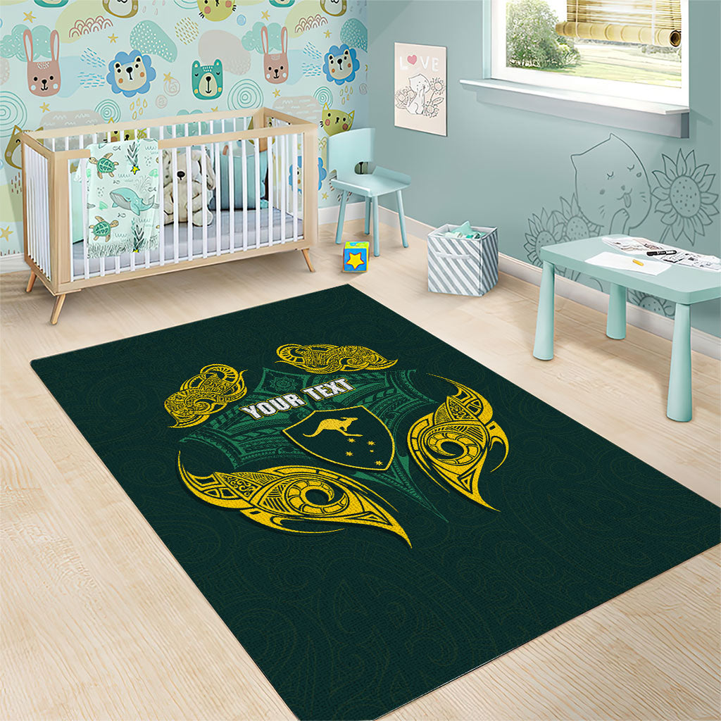 Custom Kangaroos Rugby Area Rug Polynesian Tribal Pattern Green Gold National Team