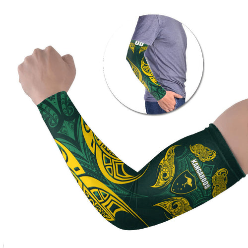 Custom Kangaroos Rugby Arm Sleeves Polynesian Tribal Pattern Green Gold National Team