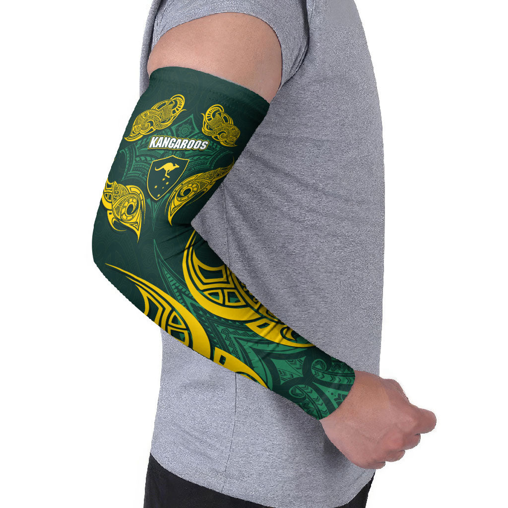 Custom Kangaroos Rugby Arm Sleeves Polynesian Tribal Pattern Green Gold National Team