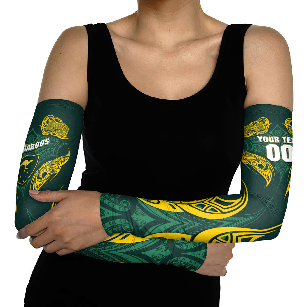 Custom Kangaroos Rugby Arm Sleeves Polynesian Tribal Pattern Green Gold National Team