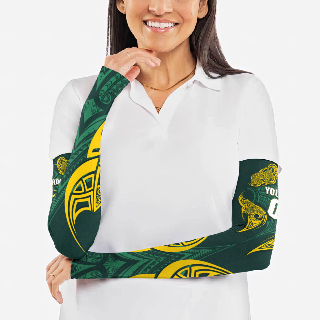 Custom Kangaroos Rugby Arm Sleeves Polynesian Tribal Pattern Green Gold National Team