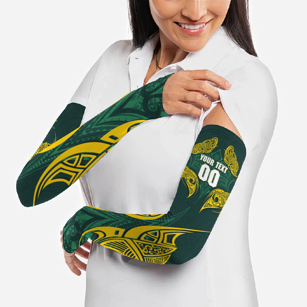 Custom Kangaroos Rugby Arm Sleeves Polynesian Tribal Pattern Green Gold National Team