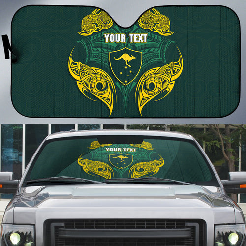 Custom Kangaroos Rugby Auto Sun Shade Polynesian Tribal Pattern Green Gold National Team