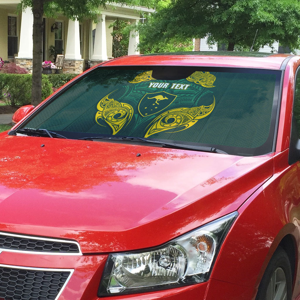 Custom Kangaroos Rugby Auto Sun Shade Polynesian Tribal Pattern Green Gold National Team