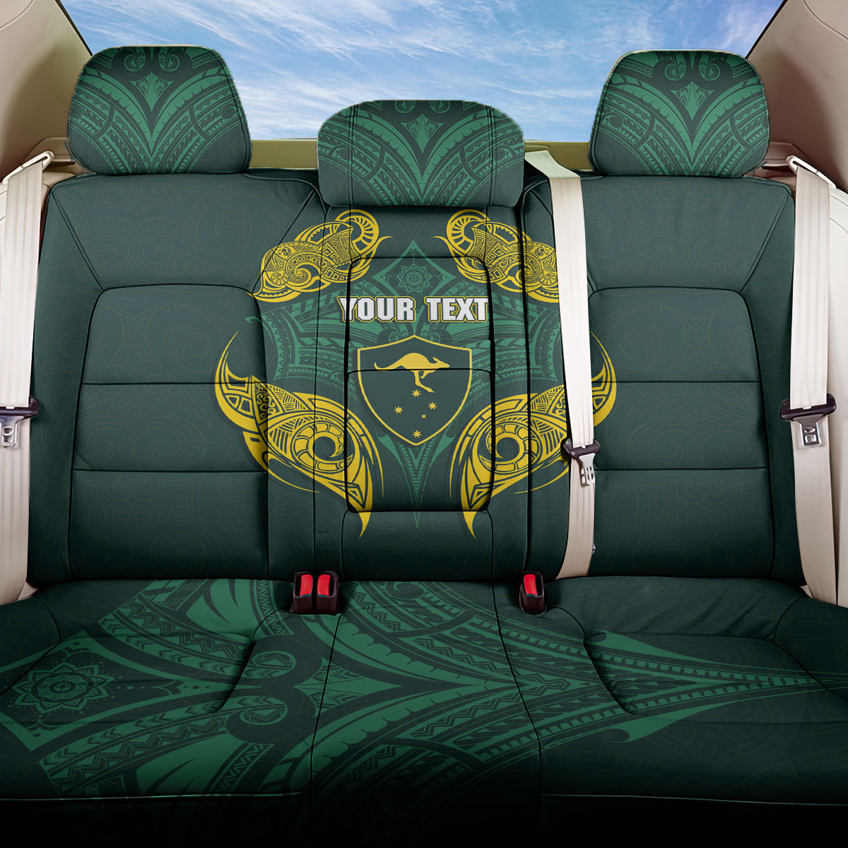 Custom Kangaroos Rugby Back Car Seat Cover Polynesian Tribal Pattern Green Gold National Team