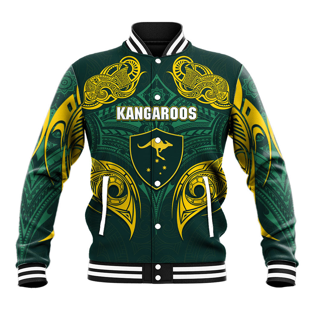 Custom Kangaroos Rugby Baseball Jacket Polynesian Tribal Pattern Green Gold National Team