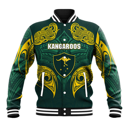 Custom Kangaroos Rugby Baseball Jacket Polynesian Tribal Pattern Green Gold National Team