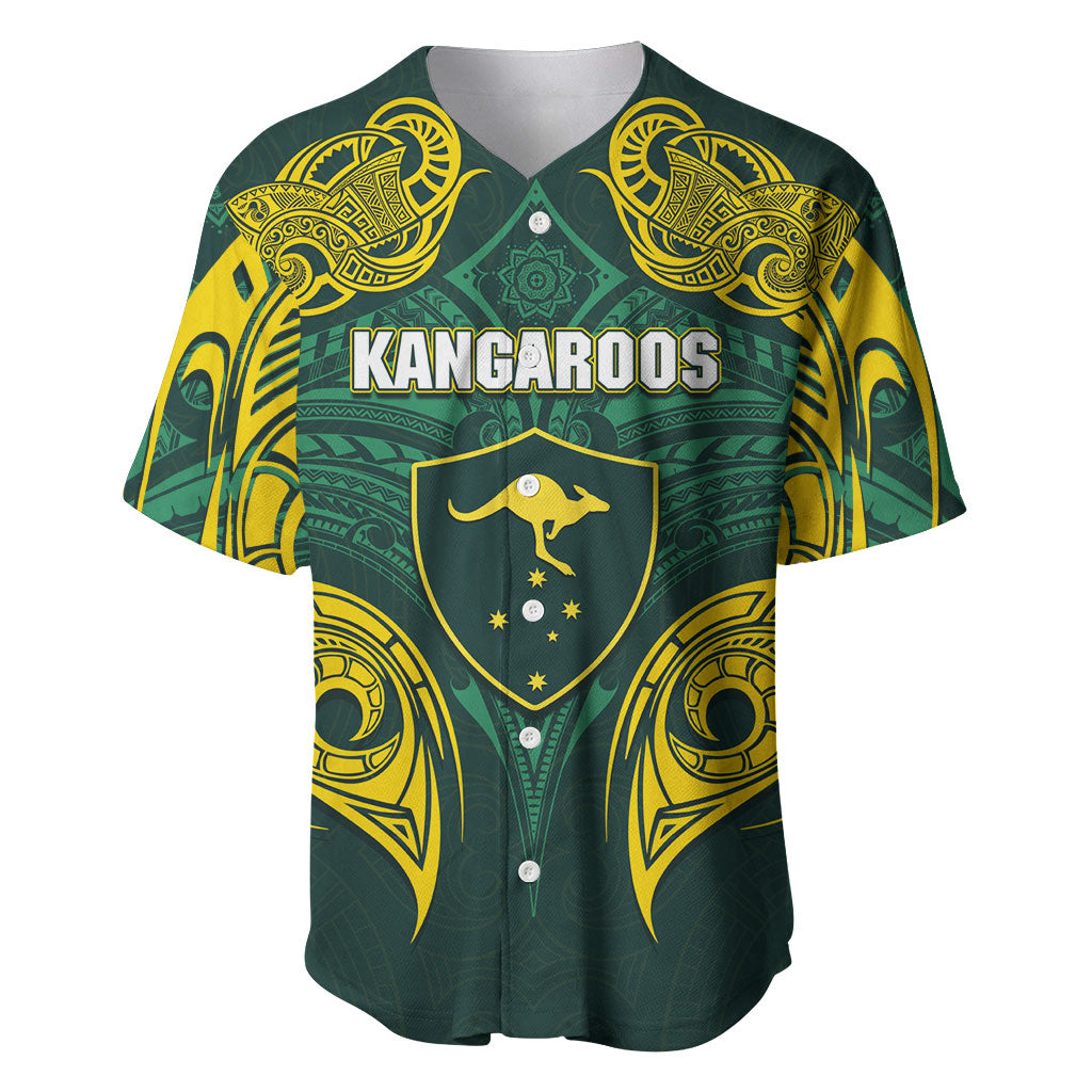 Custom Kangaroos Rugby Baseball Jersey Polynesian Tribal Pattern Green Gold National Team