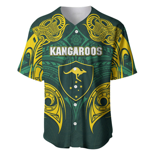 Custom Kangaroos Rugby Baseball Jersey Polynesian Tribal Pattern Green Gold National Team