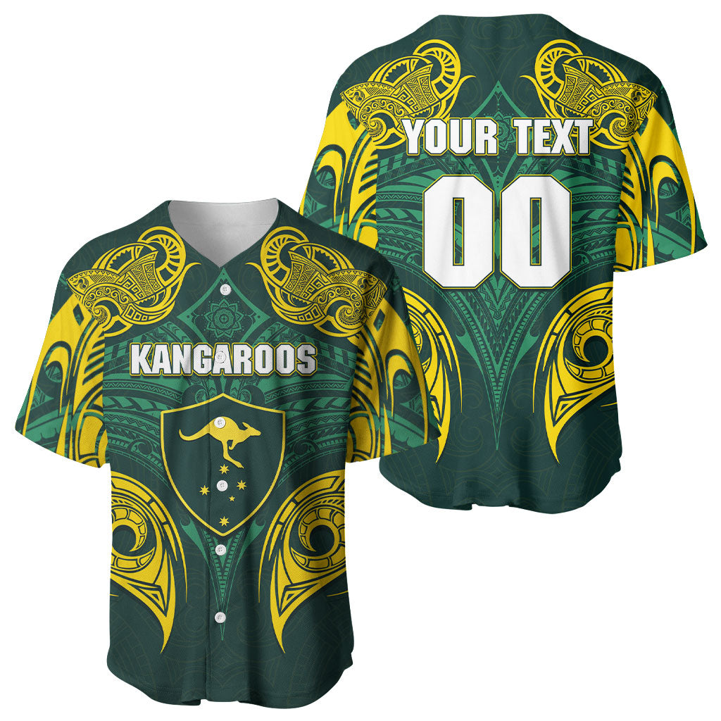 Custom Kangaroos Rugby Baseball Jersey Polynesian Tribal Pattern Green Gold National Team