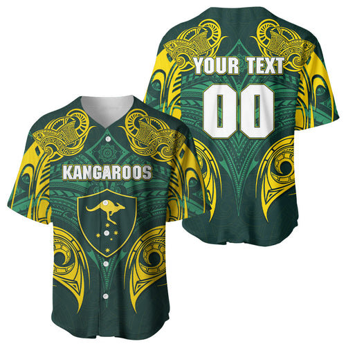 Custom Kangaroos Rugby Baseball Jersey Polynesian Tribal Pattern Green Gold National Team