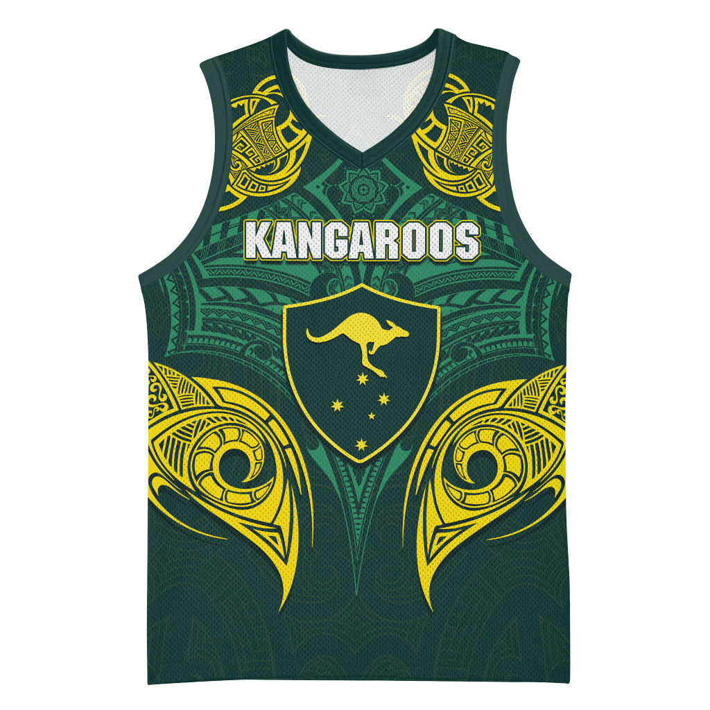 Custom Kangaroos Rugby Basketball Jersey Polynesian Tribal Pattern Green Gold National Team