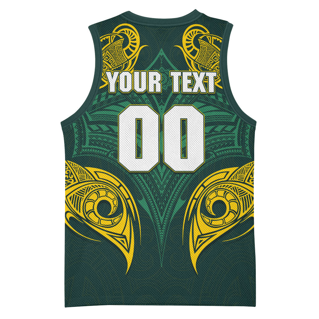 Custom Kangaroos Rugby Basketball Jersey Polynesian Tribal Pattern Green Gold National Team