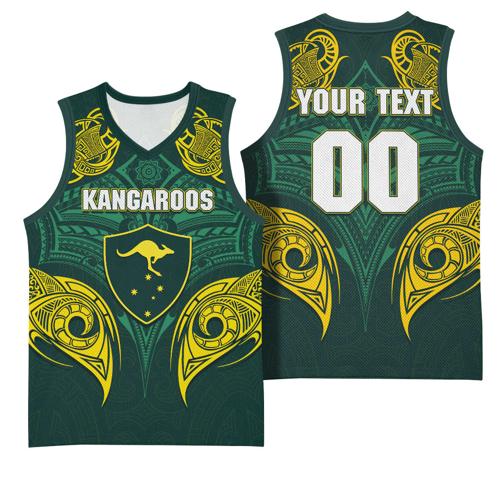 Custom Kangaroos Rugby Basketball Jersey Polynesian Tribal Pattern Green Gold National Team