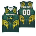 Custom Kangaroos Rugby Basketball Jersey Polynesian Tribal Pattern Green Gold National Team