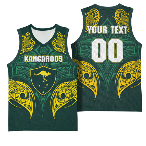 Custom Kangaroos Rugby Basketball Jersey Polynesian Tribal Pattern Green Gold National Team