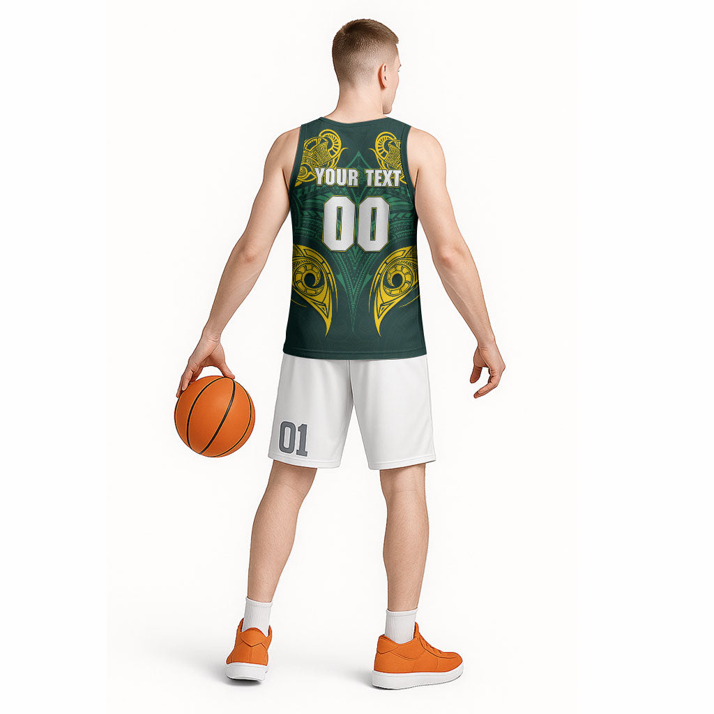 Custom Kangaroos Rugby Basketball Jersey Polynesian Tribal Pattern Green Gold National Team
