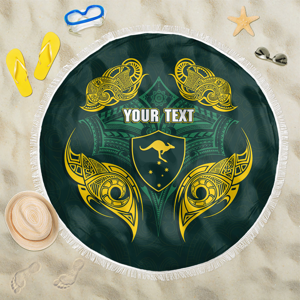 Custom Kangaroos Rugby Beach Blanket Polynesian Tribal Pattern Green Gold National Team