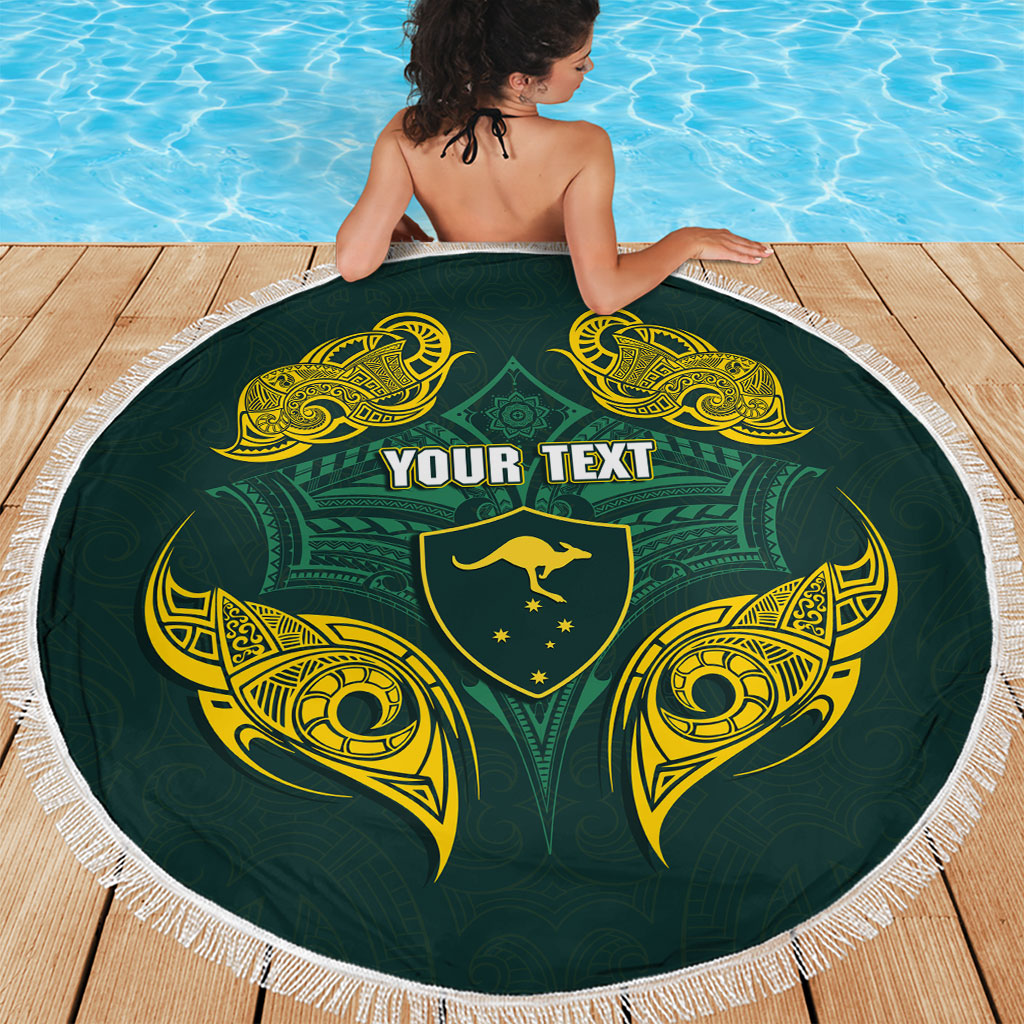Custom Kangaroos Rugby Beach Blanket Polynesian Tribal Pattern Green Gold National Team