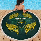 Custom Kangaroos Rugby Beach Blanket Polynesian Tribal Pattern Green Gold National Team