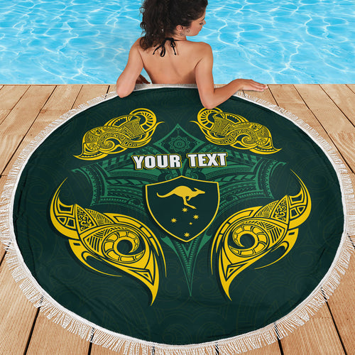 Custom Kangaroos Rugby Beach Blanket Polynesian Tribal Pattern Green Gold National Team