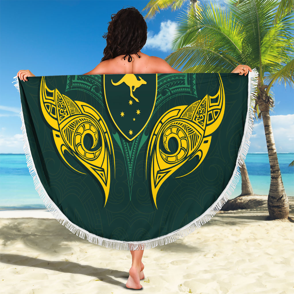 Custom Kangaroos Rugby Beach Blanket Polynesian Tribal Pattern Green Gold National Team