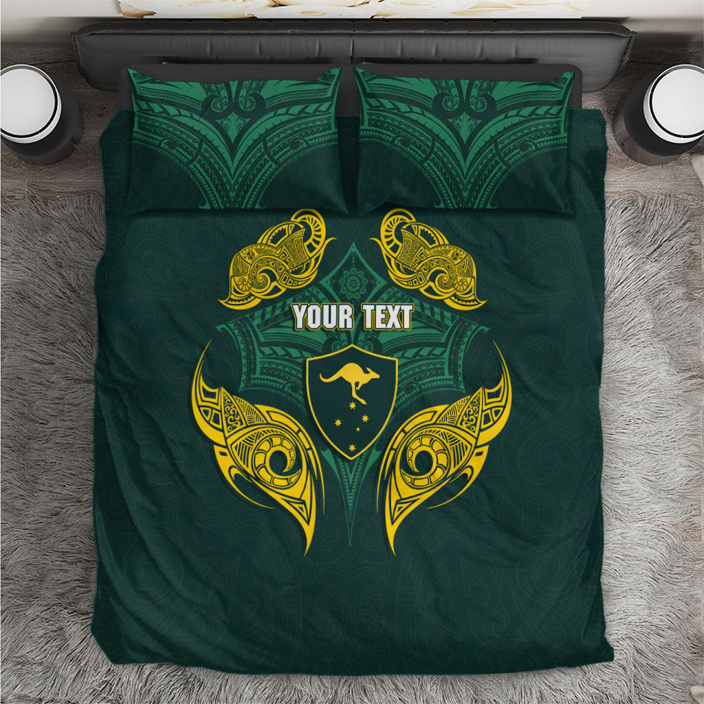 Custom Kangaroos Rugby Bedding Set Polynesian Tribal Pattern Green Gold National Team