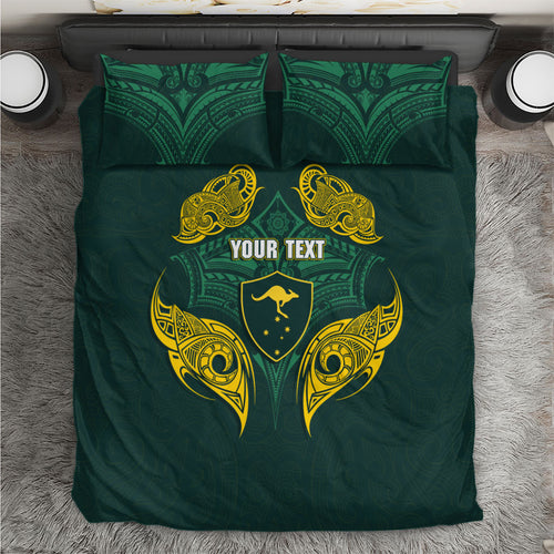 Custom Kangaroos Rugby Bedding Set Polynesian Tribal Pattern Green Gold National Team